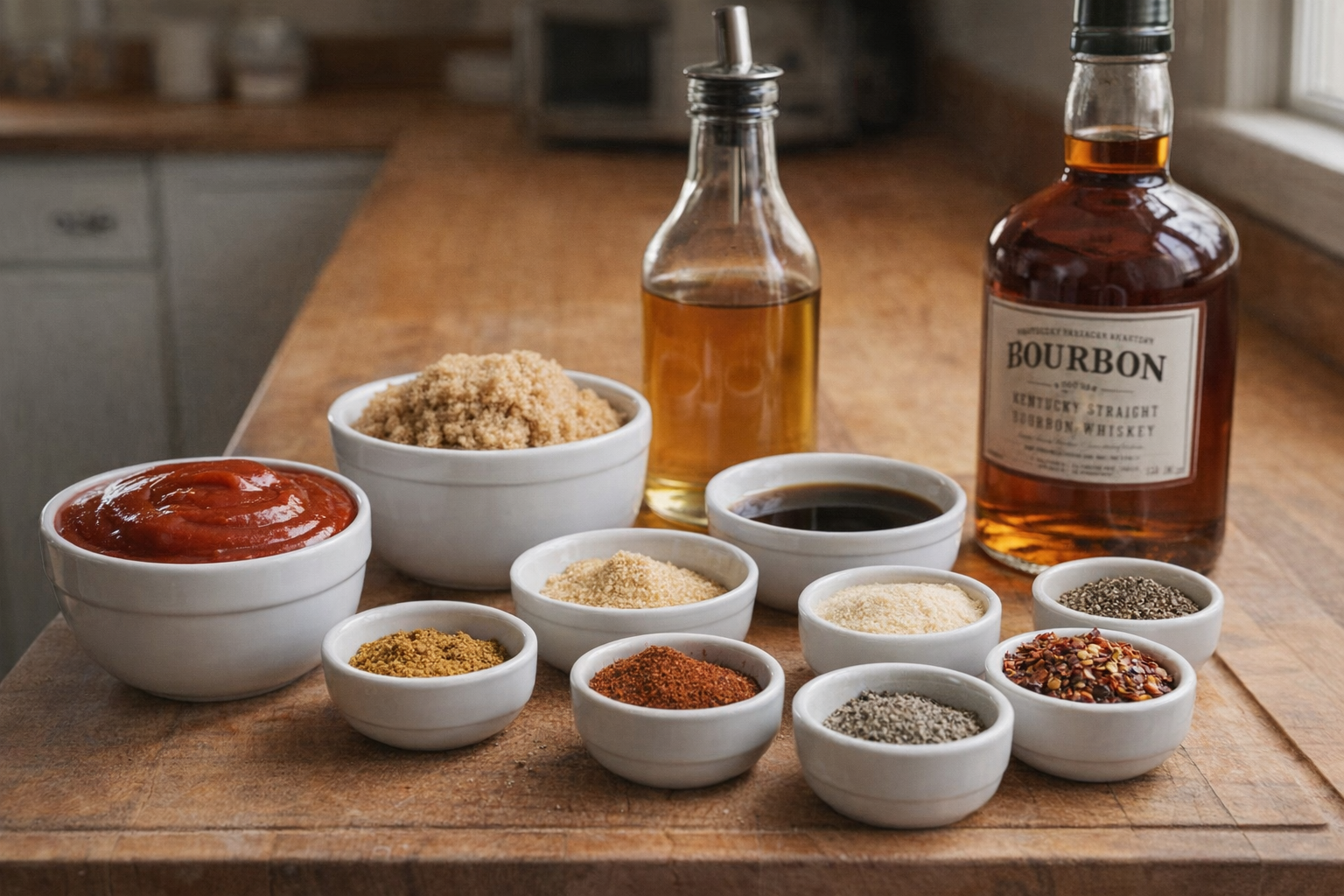 A close-up shot of various BBQ sauce ingredients arranged on a wooden cutting board: ketchup, brown sugar, apple cider vinegar, Worcestershire sauce, various spices in small bowls, and a bottle of bourbon